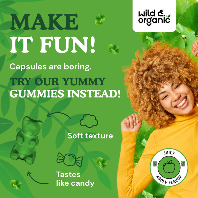 [Australia] - Wild & Organic Ginkgo Biloba Gummies 120mg - Brain Supplement Gummy for Mood & Focus - Energy Herbal Supplements - Vegan Non-GMO - 60 Chews 