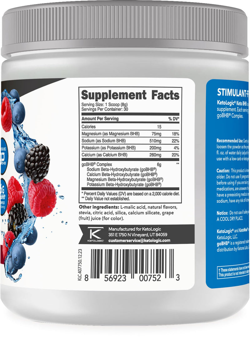 [Australia] - Ketologic Keto BHB (Mixed Berry Flavor) 30 Servings - Exogenous Ketone Supplement with goBHB, Beta-Hydroxybutyrate Salts Mixed Berry 