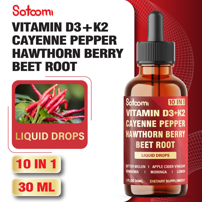 Satoomi 10in1 Cayenne Pepper Liquid Drops with Vitamin D3, Vitamin K2, Hawthorn Berry, Beet Root, Lemon, Apple Cider Vinegar, Gymnema, Moringa, Bitter Melon - Digestion Support - 30ml - 60 Day Supply