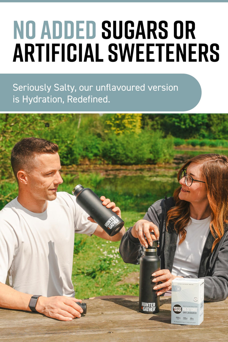 Hunter & Gather Restore Electrolytes Sachets x 30 I No Added Sugar or Artificial Sweeteners I 100% Natural Hydration I Optimal Mineral Ratio with Pink Himalayan Salt I Keto I with Natural Monk Fruit Unflavoured