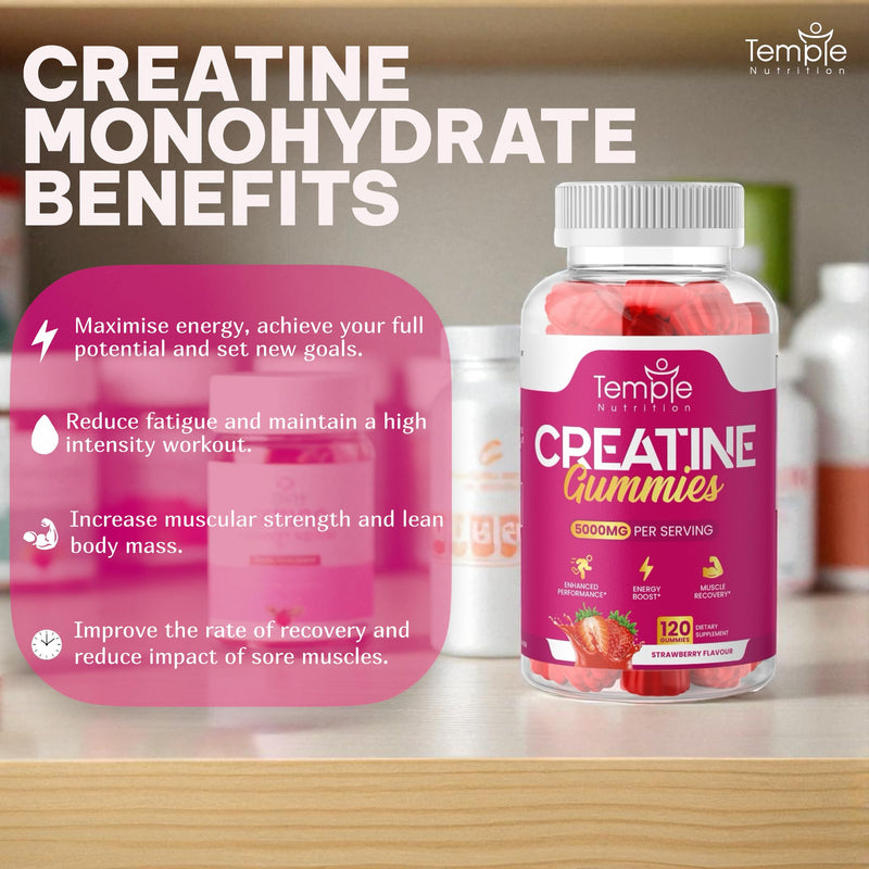 NEW Creatine Monohydrate Gummies 5000mg for Men & Women - 120 Chewable Creatine Gummies (1 Months Supply) - Strawberry Flavoured Creatine, Pre Workout Gym Supplement, Suitable for Vegans
