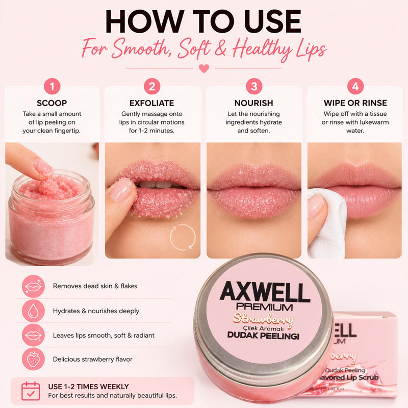 Axwell Premium Lip Scrub – Lip Exfoliator Scrub & Lip Scrubber Exfoliator for Dry Cracked Lips – Strawberry Lip Moisturizer for Very Dry Lips – Vitamin E Almond Oil Lip Balms & Moisturizers 1 fl oz