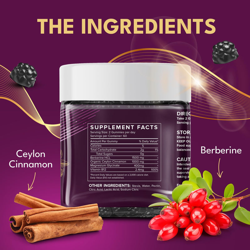Supplmnt. Berberine Gummies - 2 Months Supply, 1500mg Berberine with 1000mg Ceylon Cinnamon, 2.4mg Vitamin B12 & 400mg Magnesium Glycinate - Powerful Metabolism & Immune Support Supplement BlackBerry