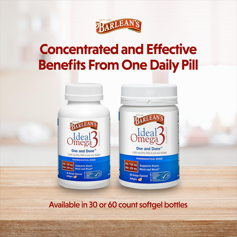 Barlean's Ideal Omega 3 Fish Oil Supplement, 1,000 mg Softgels, Pharmaceutical Grade EPA & DHA for Brain, Joint, & Heart Health, Orange Flavor, 60 ct | Wild-caught fish oil, EPA DHA omega-3, 1 softgel daily, Burpless, Non-GMO, Gluten-free, Heart, brain...