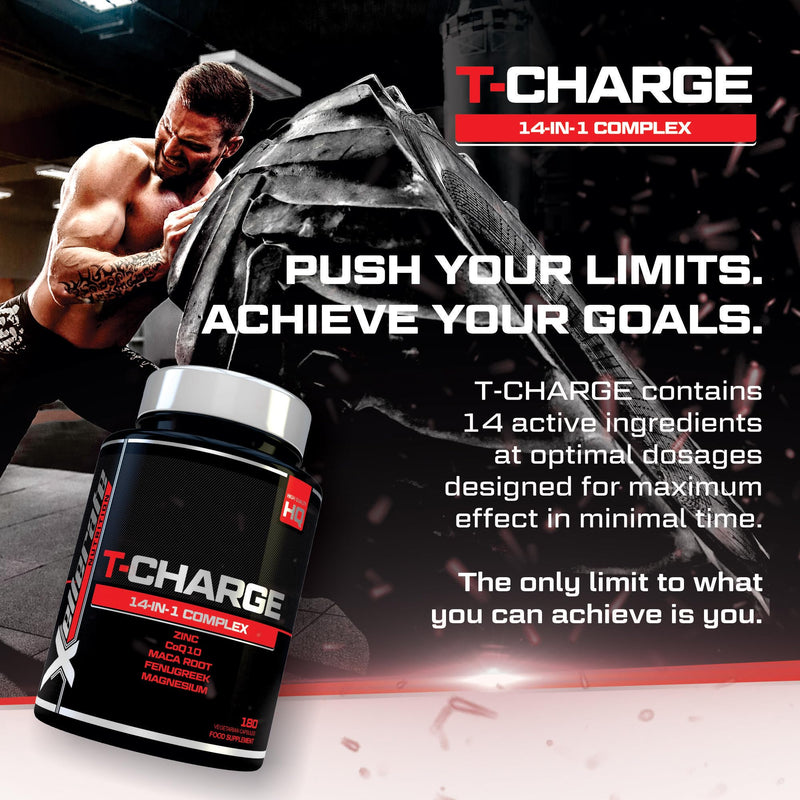 T-Charge for Men Supplement - 180 Vegetarian Capsules - Complex with 14 Active Ingredients Including Zinc, Magnesium & Maca Root - Made in the UK - Xellerate Nutrition