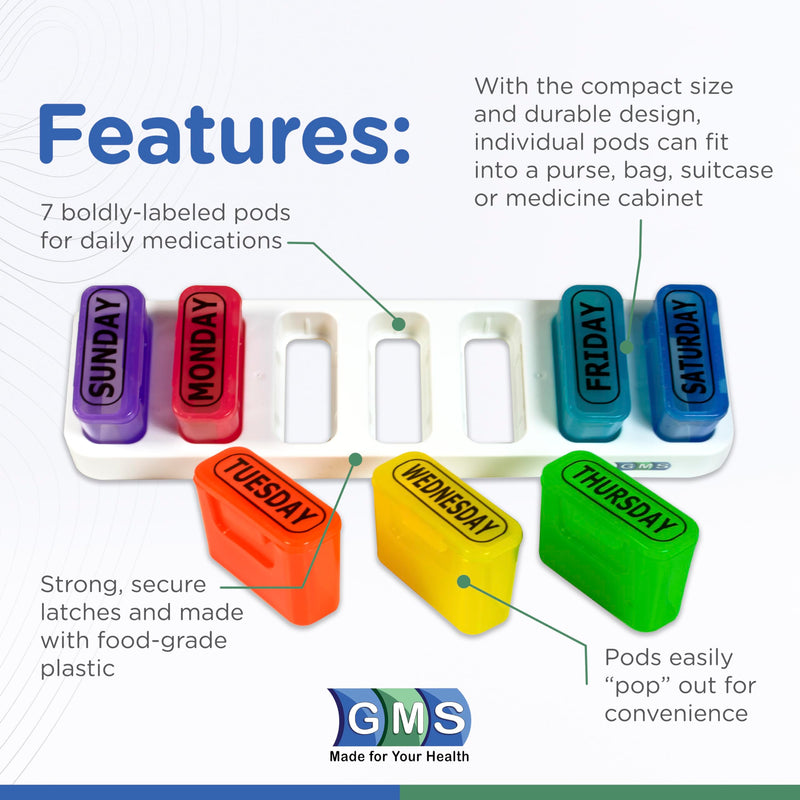 Weekly Pill Organizer, 7 Day Pop Out Daily Pill Pods for Travel & Home | GMS Portable Rainbow Medicine Pods with Tray, Medication, Vitamin & Supplement Holder Case with Secure Lids