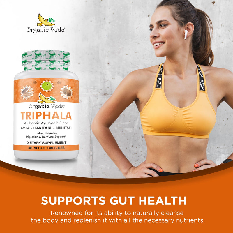[Australia] - Organic Veda Triphala Powder 300 Capsules, 1000mg - Organic Triphala Supplement for Colon Cleanse, Immune, Gut & Digestion Health - Whole Green Antioxidants Amla, Haritaki & Bibhitaki - Vegan Pills 