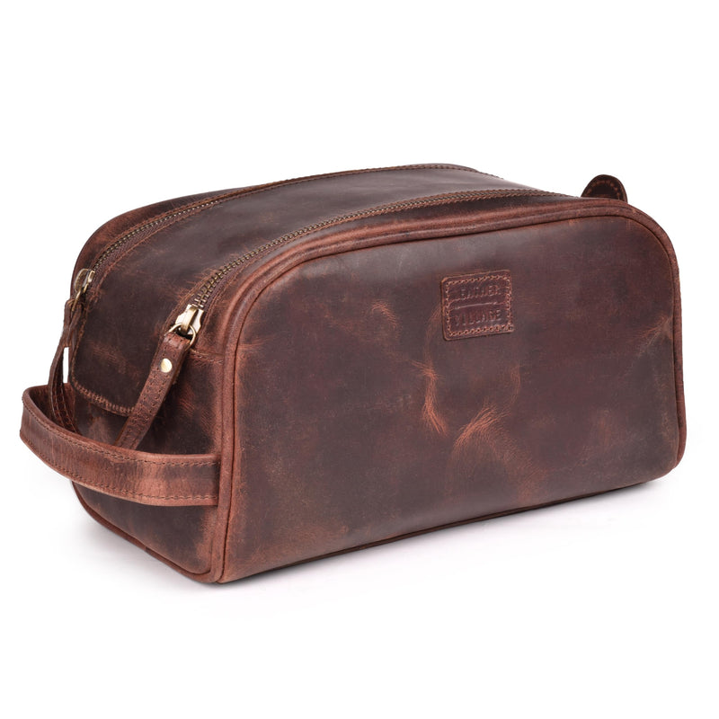 LEATHER VILLAGE Leather Toiletry Bag for Men, Travel Dopp Kit Shaving Bag | Full grain buffalo leather, water-resistant lining, 10x6x6 in YKK zippers, side handle, travel shaving & grooming kit -Cherry Mulberry Brown