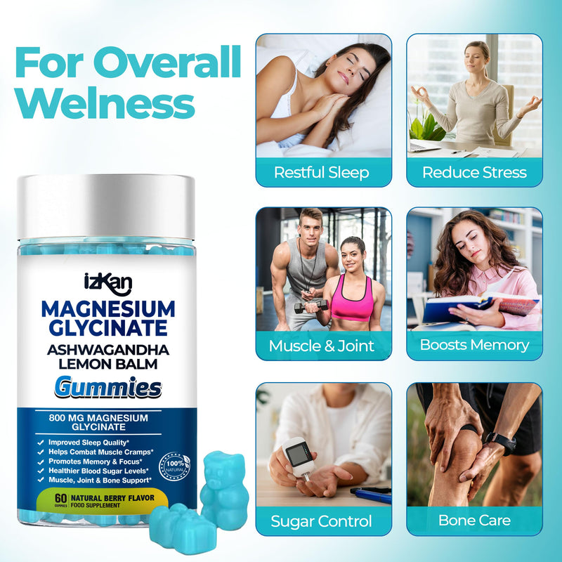 Magnesium Glycinate Gummies 800mg - Sugar Free Magnesium Supplement with Ashwagandha, Lemon Balm Extract & CoQ10 for Sleep, Stress & Muscle Relief & Nerve Health - 60 Gummies (Blueberry Flavor) (1) 1