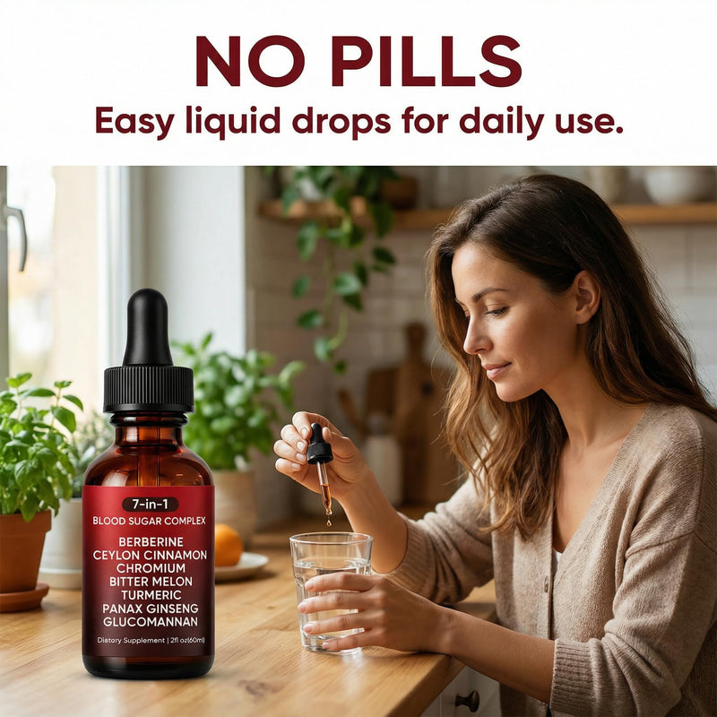 7-in-1 Complex Liquid Drops - Berberine with Ceylon Cinnamon, Chromium, Bitter Melon, Turmeric, Panax Ginseng & Glucomannan, Herbal Metabolic Support Supplement - 2fl oz