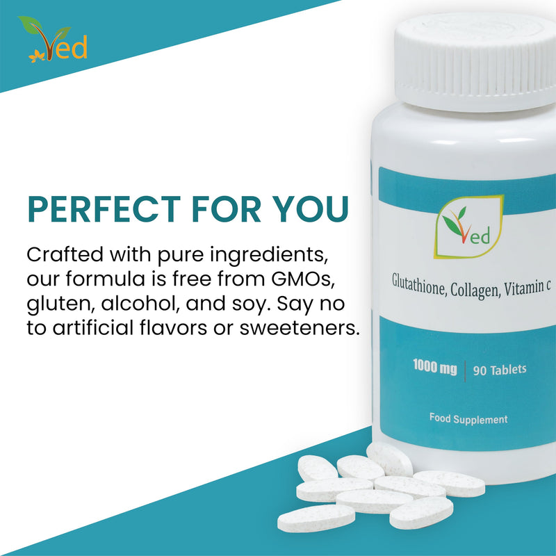 VED Reduced L-Glutathione, Collage, Vitamin C Tablets | 1000mg x 90 Tablets