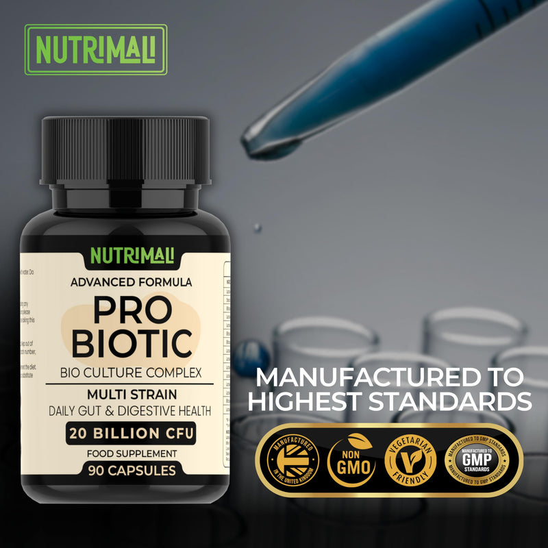 Probiotics – Advanced Bio Culture Complex | 20 Billion CFU – 15 Strain Daily Gut & Digestive Health Supplement | 3 Month Supply – 90 Vegan Capsules | Ideal with Prebiotics – Made in UK
