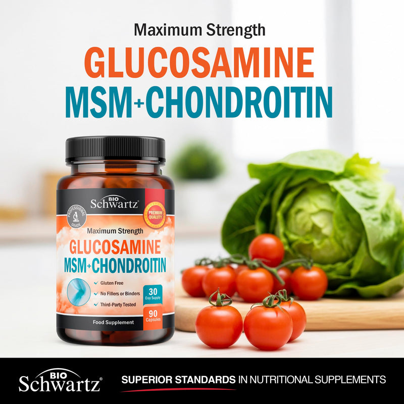 Glucosamine and Chondroitin High Strength | with MSM, Tumeric, Ginger, Boswellia Serrata, Collagen, Hyaluronic Acid & Bromelain | Glucosamine Complex | Third-Party Tested, Gluten-Free | 90 Capsules
