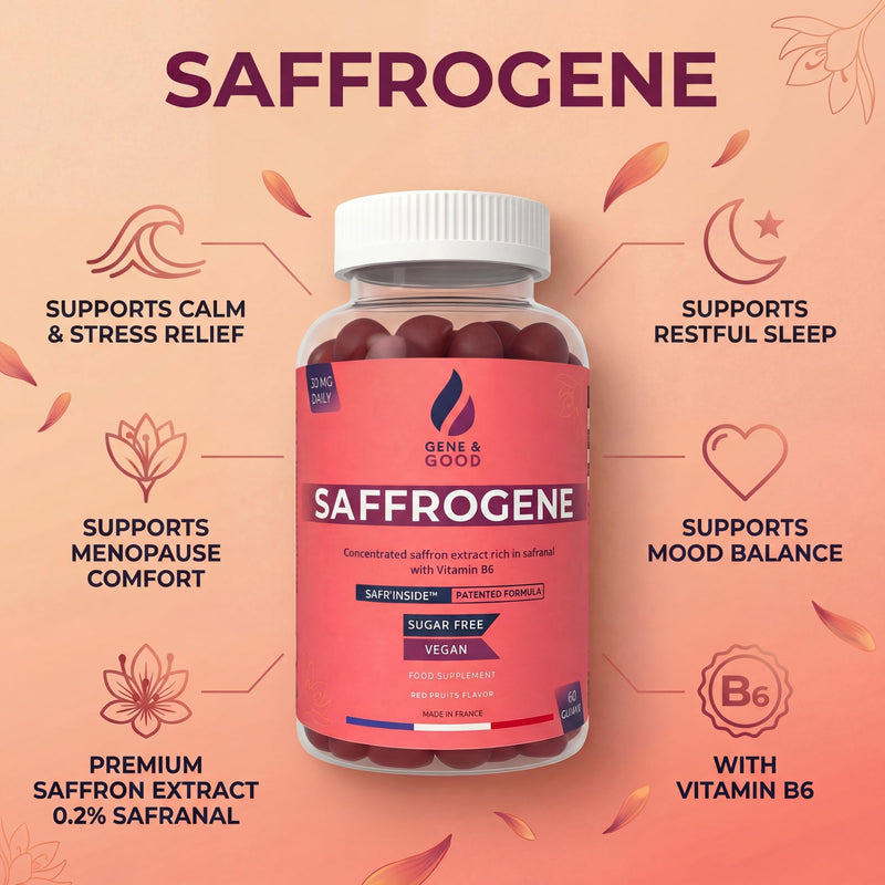 SaffroGene® Saffron Gummies + Vitamin B6 – Patented Saffron Extract – Vegan Red Berry Flavour – Mood & Emotional Balance Support – Focus & Relaxation – 60 Gummies, Made in France