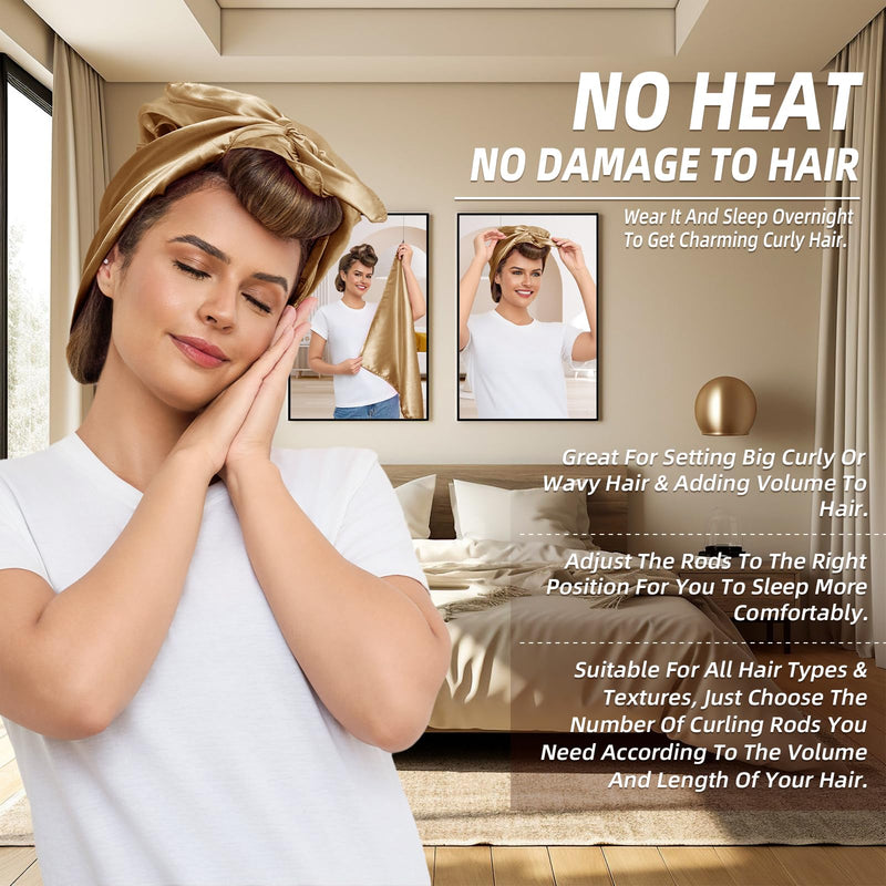 Heatless Curls Overnight Rods Jumbo Set, Heatless Hair Curler Velvet Satin Jumbo Flexi Rods to Sleep in, No Heat Overnight Sleeping Blowout Curls Wave Styling Tools with Silk Scarf 4pcs Khaki