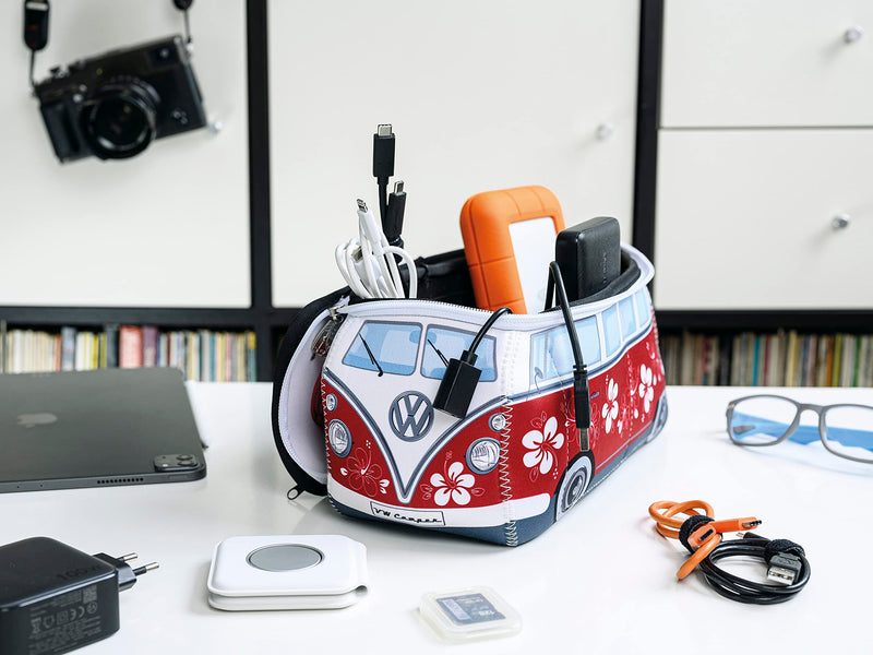 BRISA VW Collection - T1 Bus Camper Toiletry Bag Cosmetic Case | Volkswagen Toiletry Bag Cosmetic Case, Water-Repellent, Hanging Hook, 4 Mesh Pockets, Travel, Neoprene, Hibiscus/Red Large Large (11.8 X 5.5 X 4.7 Inches)