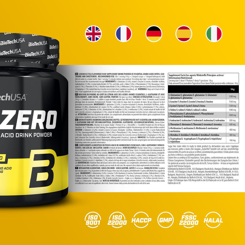 [Australia] - BioTechUSA EAA Zero - Essential Amino Acid Power | 7160mg EAA/serving | WHO recommended ratio | Sugar-free, gluten-free, 350 g, lemon iced tea 350 g (pack of 1) 
