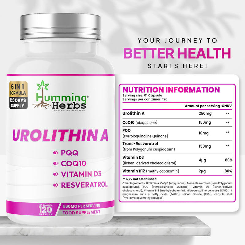 Humming Herbs Urolithin A Complex 560mg – CoQ10, PQQ, Resveratrol, D3 & B12 – 120 Vegan Capsules (120 Days)