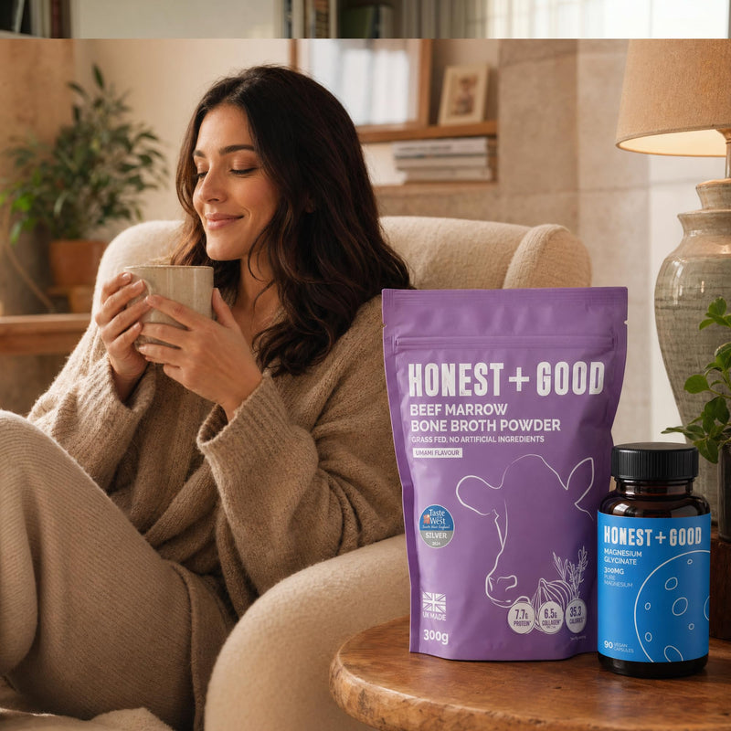 Beef Marrow Bone Broth Powder & Magnesium Glycinate Bundle | Honest + Good | Collagen, Protein. Electrolytes & Amino Acids | Daily Gut, Recovery & Relaxation Support | UK Made