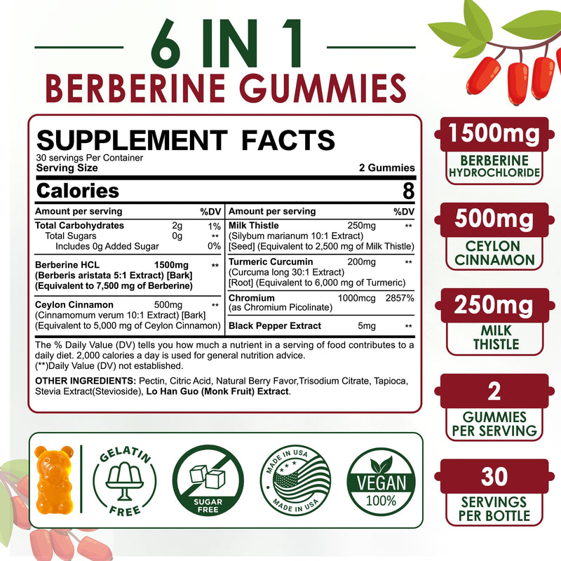 [Australia] - Berberine Supplement 1500mg, Sugar Free Berberine with Ceylon Cinnamon Gummies w/Chromium, Turmeric, Milk Thistle for Naturally Metabolism Balanced, Berberine HCl from Indian Barberry Extract, 60 Cts 60 Count (Pack of 1) 