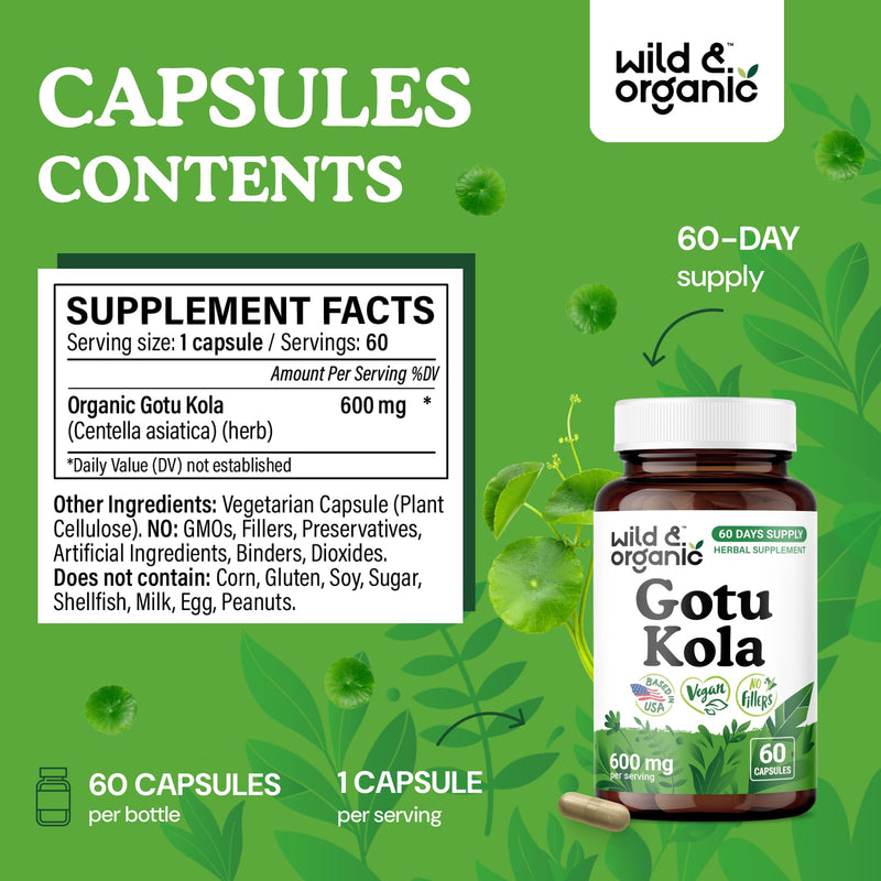 [Australia] - Wild & Organic Gotu Kola Capsules 600 mg - Brain & Focus Support - Gotu Kola Powder Supplement - Centella Asiatica Extract - 60 Days of Supply - Vegan, No Fillers, Non-GMO - 60 Count 