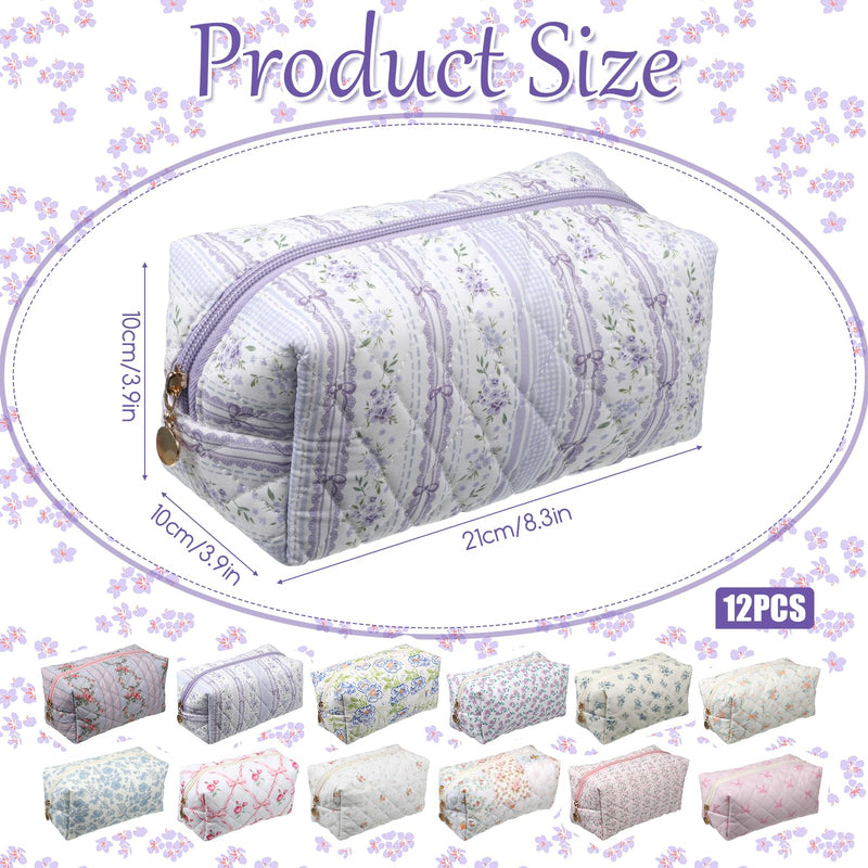 12 Pcs Quilted Makeup Bag Bulk, Floral Cotton Cosmetic Bag Set with Zipper | 8.3x3.9 Inch Aesthetic Travel Toiletry Organizer Pouch for Women Girls, Wedding Bridesmaid Proposal Gifts (Assorted Prints)