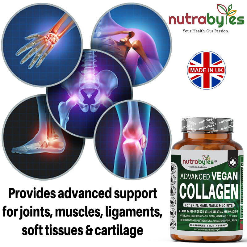 Nutrabytes Vegan Collagen Supplements for Women & Men | Plant-Based Vegan Collagen Capsules with Hyaluronic Acid, Biotin, Vitamin E, D3, C & Amino Acids | Vegetarian Collagen | UK Made