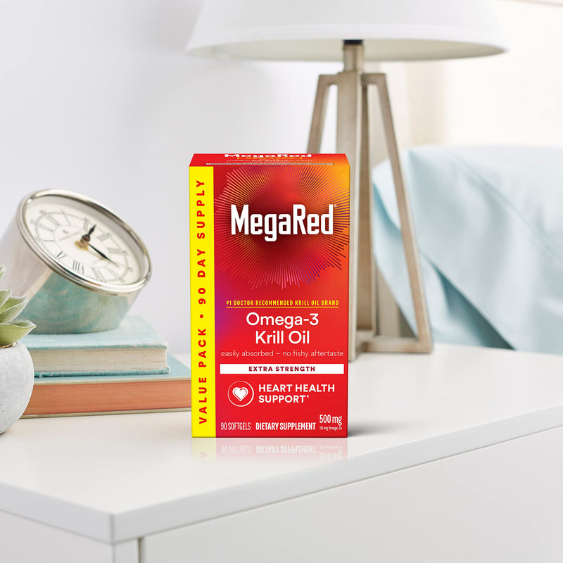 MegaRed Antarctic Krill Oil 500mg Omega 3 Fatty Acid Supplement, Extra Strength EPA & DHA Krill Oil Softgels (90cnt Box), Astaxanthin, Heart Health Supplement with No Fish Oil Aftertaste | Antioxidant Astaxanthin, Phospholipids, EPA & DHA, Heart Suppor...