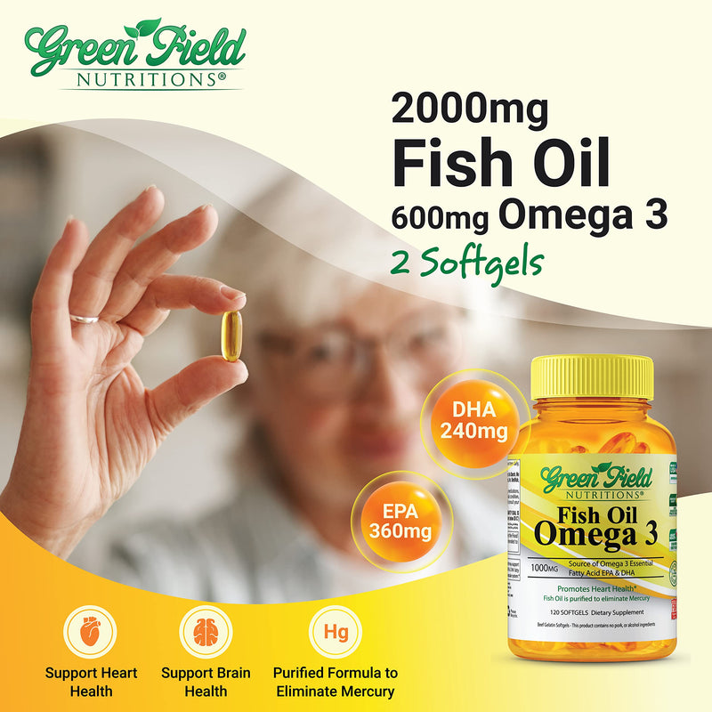 Greenfield Nutritions Halal Fish Oil 1000mg, 300mg Halal Omega 3, Small Wild Peruvian Fish Oil Halal Vitamins, EPA 180 mg & DHA 120mg, Non-GMO, Gluten Free, Support Brain & Heart Health, 120 Pills