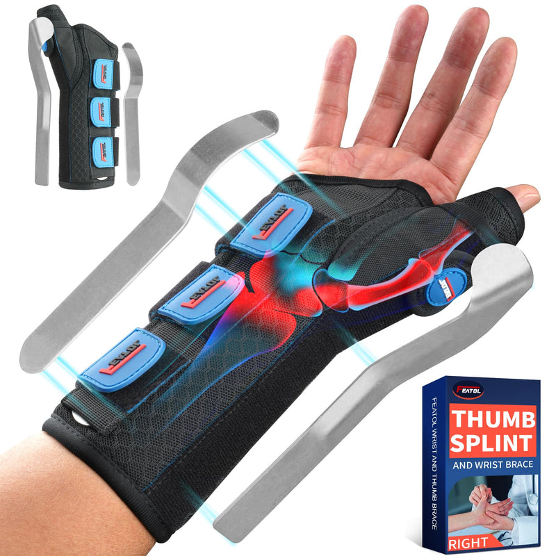 FEATOL Carpal Tunnel Wrist Brace Night Support, Thumb Spica Splint Right Hand for De Quervains Tenosynovitis, Tendonitis, Wrist Brace With Thumb Support-Medium/Large-Women & Men, Black Medium/Large(Pack of 1) Right Hand-Black Blue