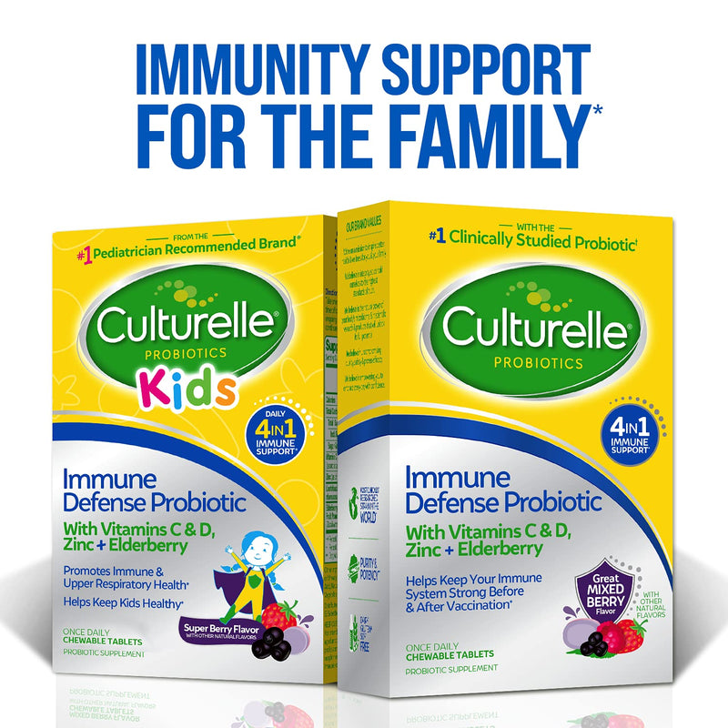 Culturelle Immune Defense Probiotic with Vitamin C, Vitamin D and Zinc + Elderberry, Non-GMO, 4-in-1 Immune Support for Kids Ages 3+*, Mixed Berry Chewables, 30 Count 30 Count (Pack of 1) Kids Immune Defense Probiotic