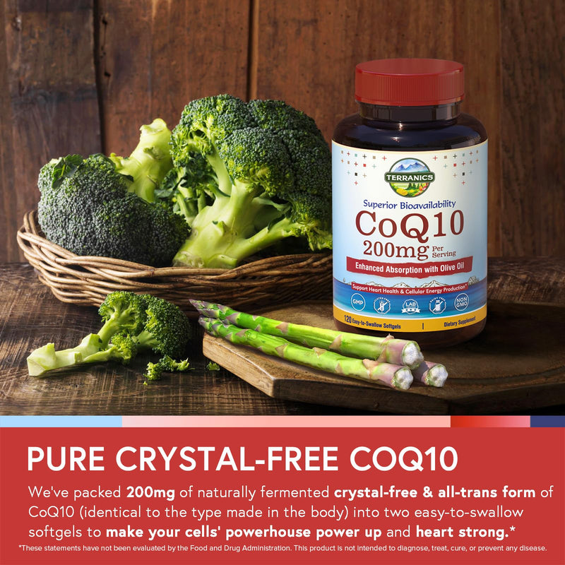 Terranics CoQ10 200mg, Coenzyme Q10 Supplement with Extra Virgin Olive Oil for Enhanced Absorption, Made in USA, Supports Heart Health, Antioxidant Protection, Energy Production, Non-GMO, 120 Softgels 120 Count (Pack of 1)