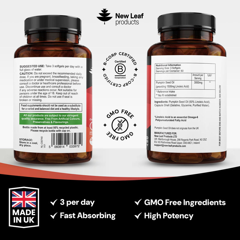 Pumpkin Seed Oil Capsules 3000mg - 100% Cold Pressed – 180 Softgels – 1500mg Linoleic Acid - Omega 6-Pumpkin Seed Oil for Hair Growth - UK Made By New Leaf Products 50% Linoleic Acid