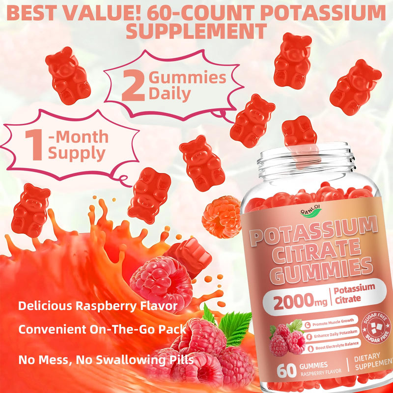 Potassium Citrate Gummies, 2000mg Potassium Supplement for Adults | Potassium Gummies with Magnesium Glycinate, Vitamin D3 for Muscle & Immune Support - Sugar Free, 60 Count Raspberry Flavor 60 Count (Pack of 1)