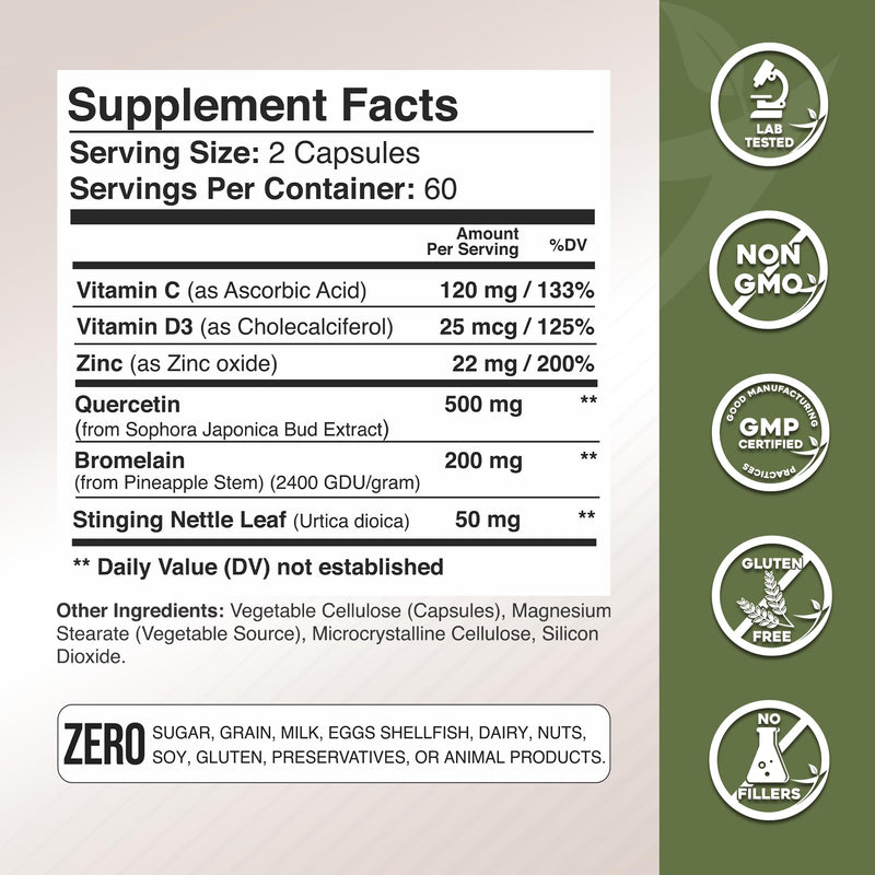 Gade Nutrition Quercetin with Bromelain Vitamin C and Zinc + Stinging Nettle | Immune Support Supplement 500mg Capsules | Non-GMO | Made in USA | 4 Month Supply 120 Count (Pack of 2)