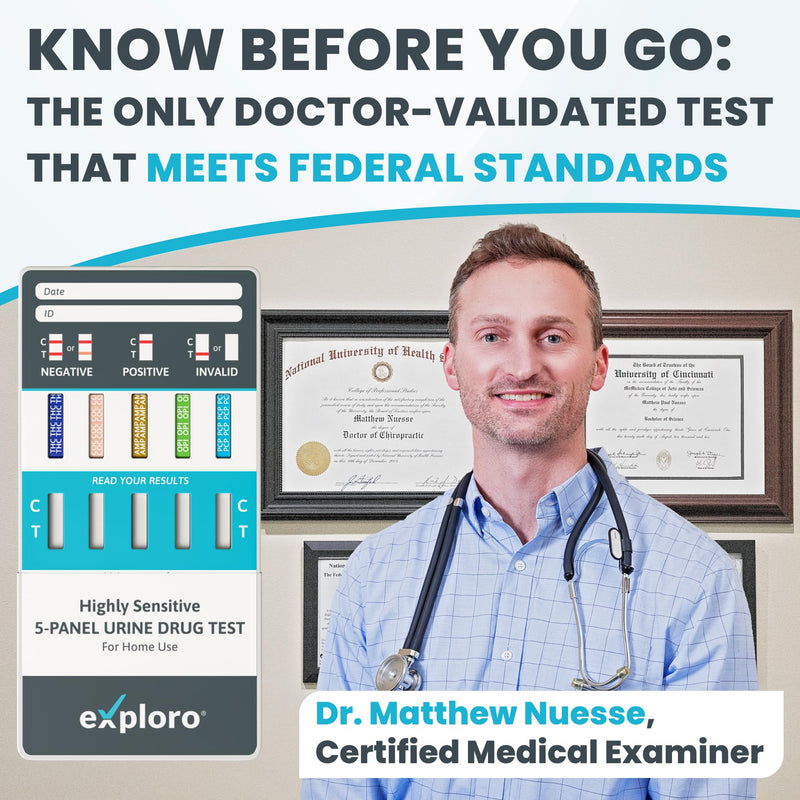 Exploro 5 Panel Drug Test Kit – at Home Urine Drug Screen for THC, Cocaine, Amphetamines, Opiates, PCP – Federal 5 Standard with Quick Results for Pre-Employment & Personal Use (Pack of 7) 7 Count (Pack of 1)