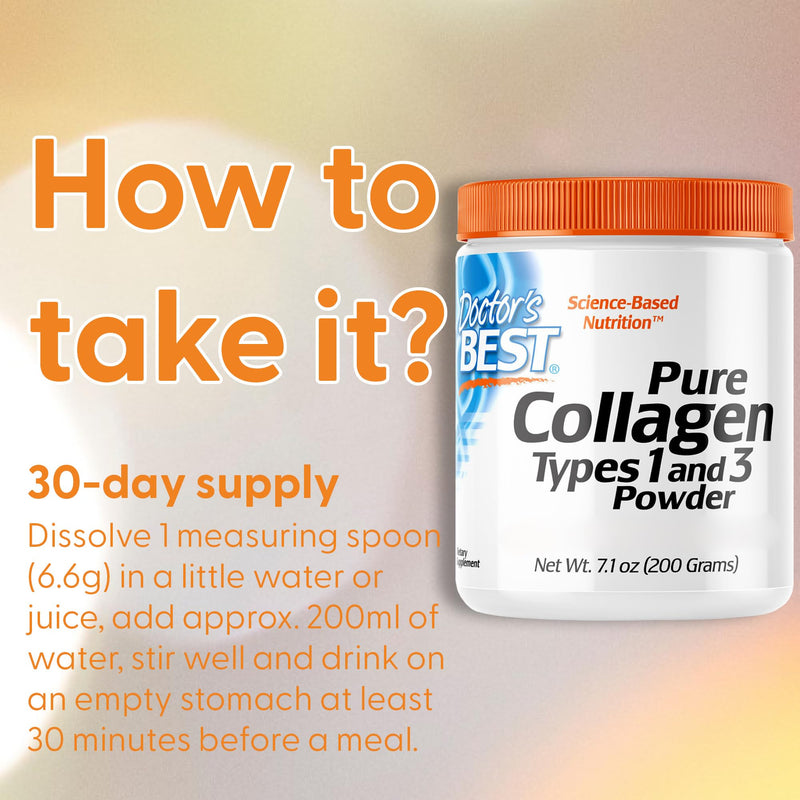 Doctor's Best, Pure Collagen Type 1 and 3 (Collagen Type 1 and 3), 200g Powder, Gluten Free, SOYA Free