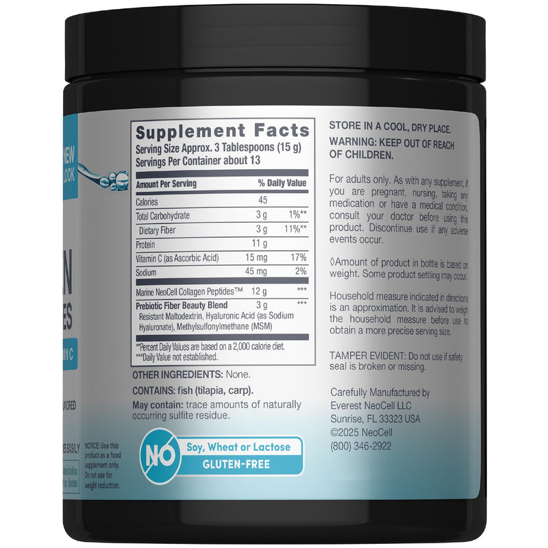 NeoCell Marine Collagen Peptides Powder | 7 oz | Unflavored Supplement | With Vitamin C and MSM | Plus Hyaluronic Acid | Prebiotic Fiber Beauty Blend | Hair, Skin, & Nails | for Women and Men