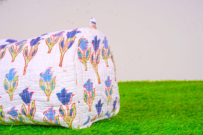 Generic Set of 3 Pieces Indian Handmade Cotton Quilted Handmade Floral Hand Block Print Toiletry Bag,Cosmetic Pouch Bag Makeup Bag For Women (Cotton, White A), 44999
