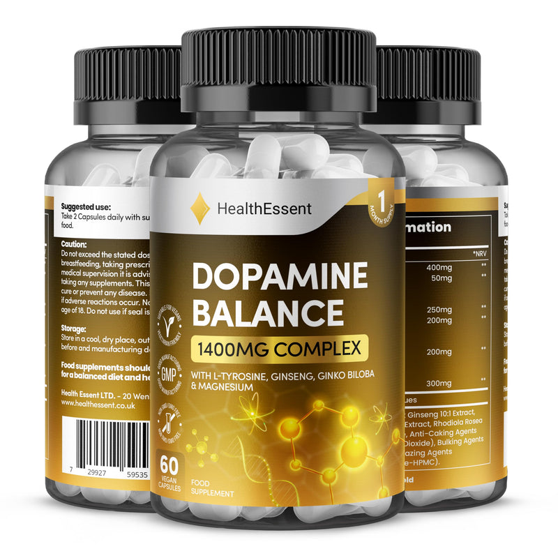 HealthEssent Dopamine Balance Complex – L-Tyrosine, L-Theanine, Ginkgo Biloba & Magnesium, Dopamine Precursor for Natural Mood & Focus Formula – 60 Vegan Capsules 60 count (Pack of 1)