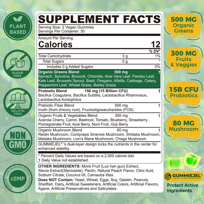 [Australia] - Organic Super Greens Daily Gummies + Probiotics, Spirulina, Chlorella, Spinach, Broccoli, Fiber, Fruits Veggies, Mushroom - Greens Powder Superfood Alternative, Natural Energy, Sugar Free Vegan, 60Cts 60 Count (Pack of 1) 