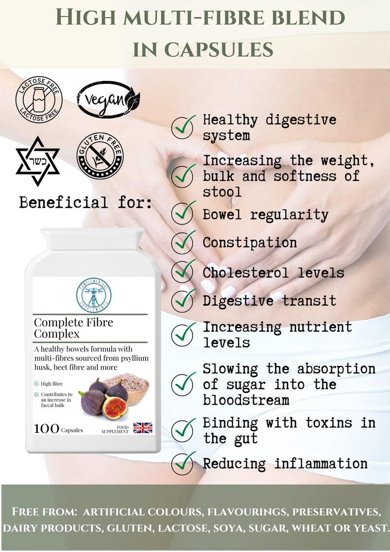 Complete Fibre Complex – High Strength Fibre Supplement for Bowel Regularity – Psyllium Husk, Flaxseed & Pectin – Soluble & Insoluble Fibre – Vegan – 100 Capsules