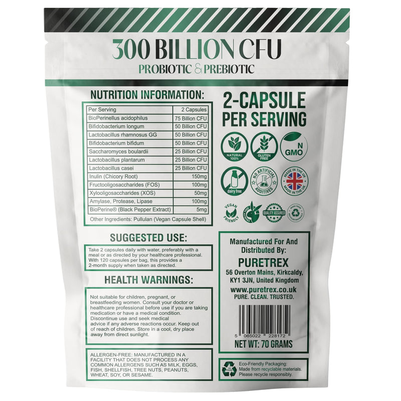 Puretrex Probiotics for Women & Men 300 Billion CFU, UK Made, Vegan Gut Health Synbiotic Formula with Digestive Enzymes & BioPerine, Probiotics and Prebiotics, 7 Strains, 120 Capsules, 60 Day Supply