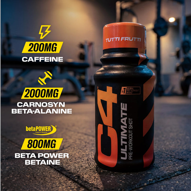 C4 Ultimate Pre-Workout Shot | Tutti Frutti Flavour Energy Shots, 12 x 60ml Bottles | Sugar Free Pre-Workout Shot with 200mg Caffeine, 2000mg L-Citrulline, 2000mg Beta Alanine, 800mg Betaine