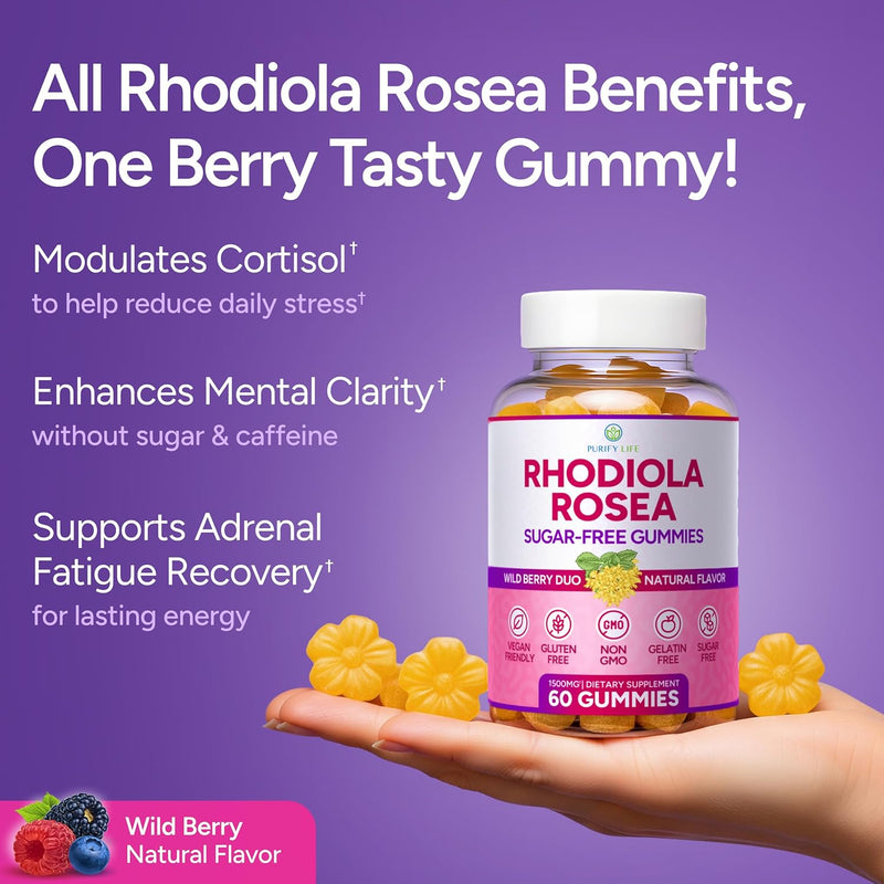 [Australia] - Sugar-Free Rhodiola Rosea Gummies (1500mg/Serving) Adaptogenic Rhodiola Rosea Supplement & Cortisol Blocker for Performance, Stamina, Mood & Motivation - Non-GMO, 60 Vegan Chews, No Capsules or Pills 