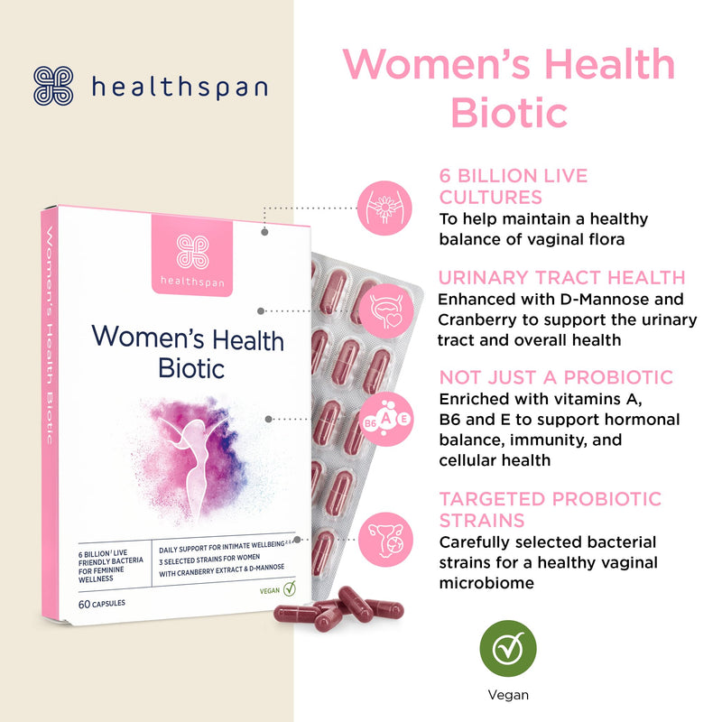 Healthspan Women's Health Biotic | 60 Capsules | Supports hormonal Balance & Intimate Flora | Targeted strains for Women’s Health | with D-Mannose & Cranberry | 6 Billion Live Cultures | Vegan