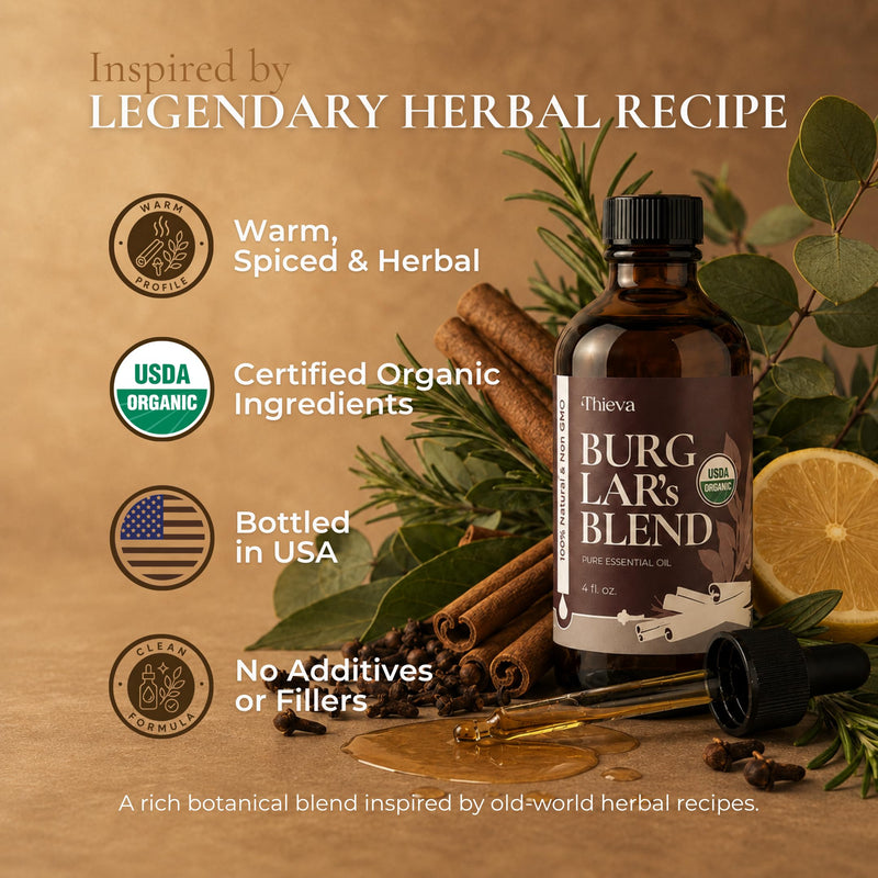 THIEVA Burglar's Blend Essential Oil, USDA Organic, 4 oz | Pure Undiluted Clove, Cinnamon, Eucalyptus, Rosemary and Lemon Blend for DIY Cleaning, Diffusers and Seasonal Home Wellness Burglars