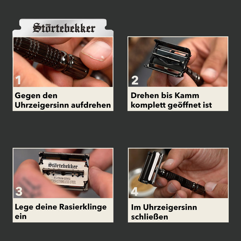 [Australia] - Störtebekker® Premium safety razor 'Hamburg' in a handmade leather case - *TESTS WINNER* Stiftung Warentest (12/2024) - Shaving set with 10 razor blades, travel case & built-in mirror - wet razor black - black 