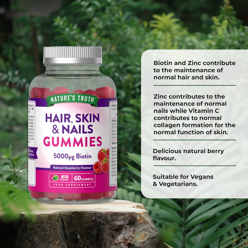 Hair, Skin, Nails Gummies | 5000µg Biotin, Vitamin C, E, Zinc, Iodine & More | Beauty Vitamins | for Women & Men | 60 Raspberry Gummies | Vegan | Nature's Truth
