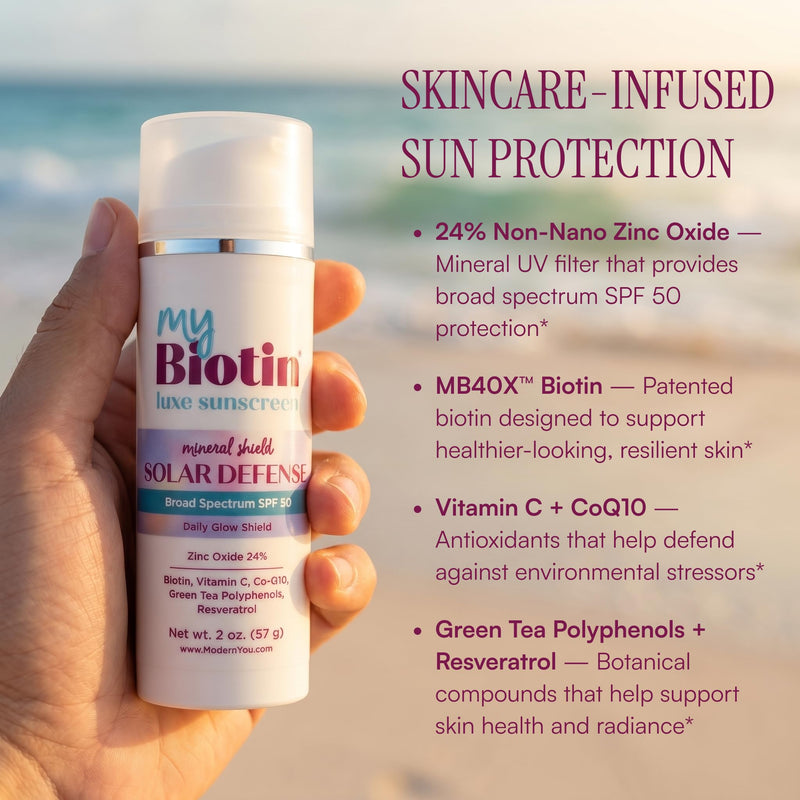 MyBiotin Luxe Mineral Sunscreen SPF 50 Face - 24% Zinc Oxide, No White Cast | Vitamin C, CoQ10, Biotin - Anti-Aging Broad Spectrum Reef Safe Sunscreen for Face | 2 oz Airless Pump